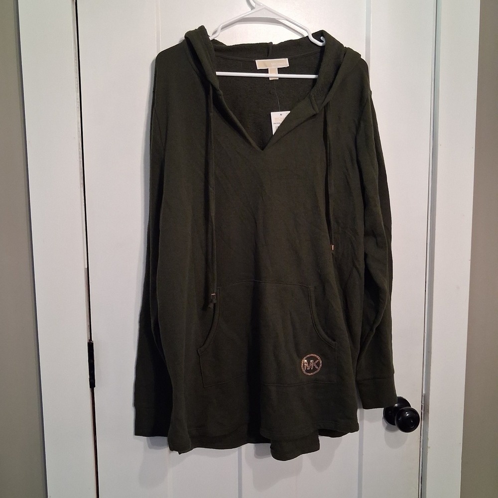 Michael Kors Hoodie Women 2X Ivy Green Logo V-Neck Casual Athleisure Pullover